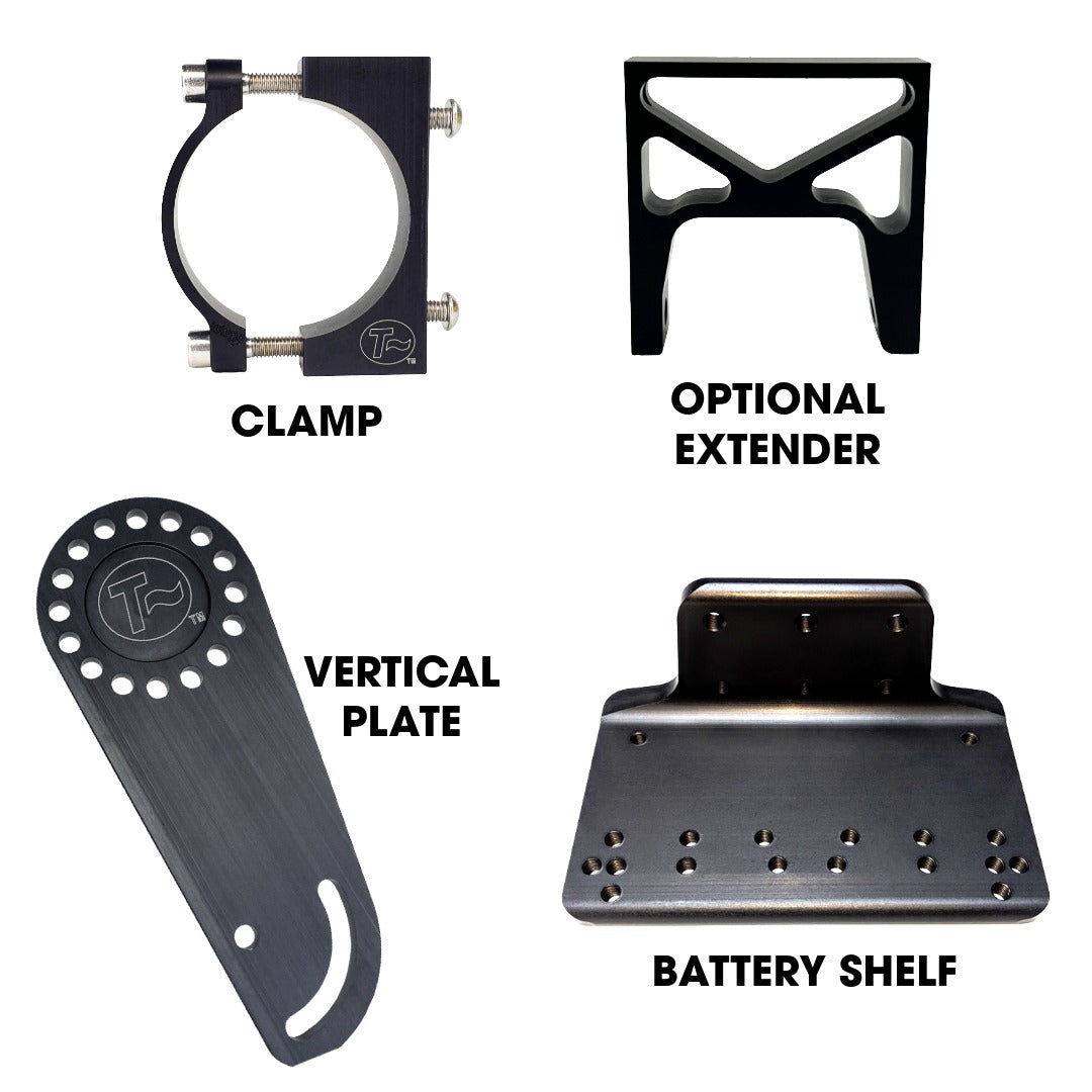 Battery Mount Kit individual components. Frame clamp, optional extender, vertical plate, and battery shelf.