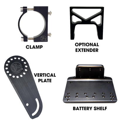 Battery Mount Kit individual components. Frame clamp, optional extender, vertical plate, and battery shelf.