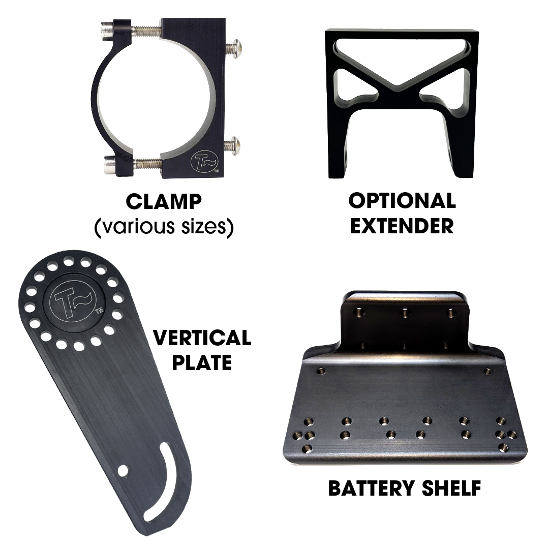 Battery Mount Kit individual components. Frame clamp, optional extender, vertical plate, and battery shelf.