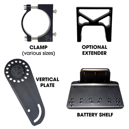 Battery Mount Kit individual components. Frame clamp, optional extender, vertical plate, and battery shelf.