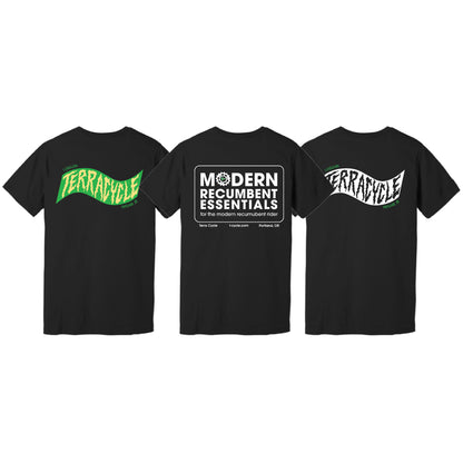 Three black short-sleeve T-shirts shown against a white background, displaying the backs of three design options. The left shirt features a green and yellow wavy 'TERRACYCLE' graphic, the middle features a large rectangle with rounded corners with 'MODERN RECUMBENT ESSENTIALS for the modern recumbent rider' centered inside, and the right shows a white and black wavy 'TERRACYCLE' logo.