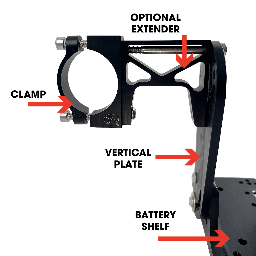 Assembled Battery Mount Kit with each component labeled, including optional extender. Not installed on trike.