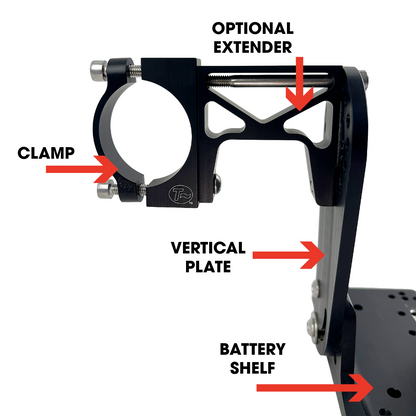 Assembled Battery Mount Kit with each component labeled, including optional extender. Not installed on trike.