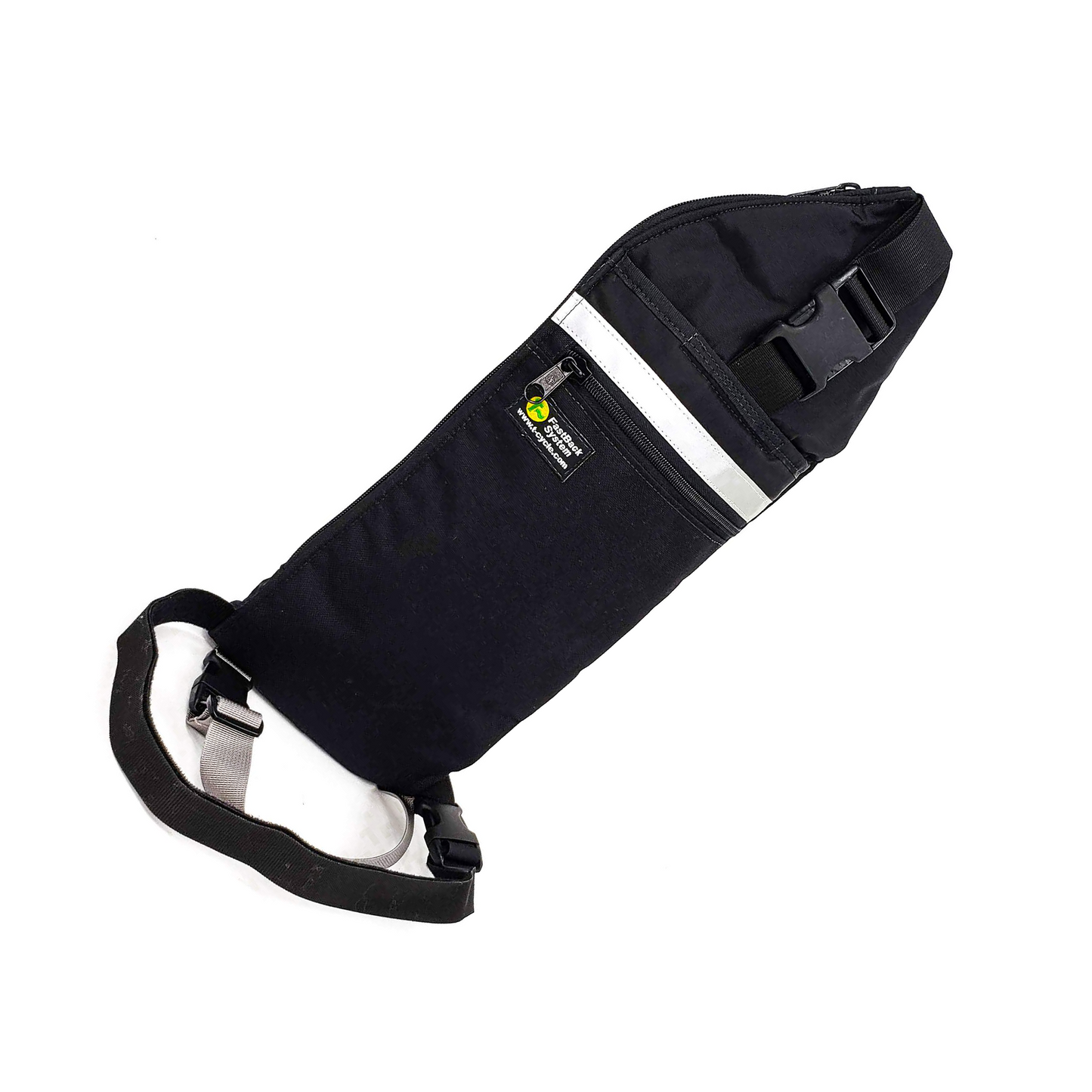 A black hydration pack with silver lining and white adjustable straps, featuring dual hose ports and an exterior pocket.