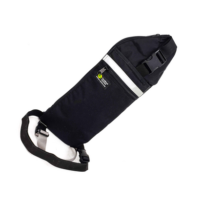 A black hydration pack with silver lining and white adjustable straps, featuring dual hose ports and an exterior pocket.