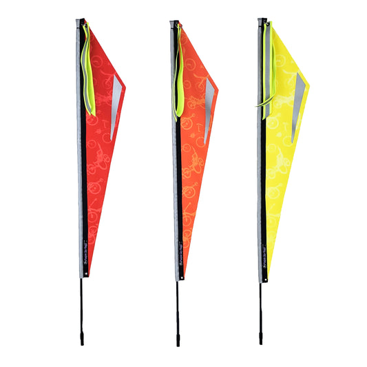 Three safety flags with aero shapes and silhouettes of bicycles, in yellow, red, and orange colors, displayed side by side.